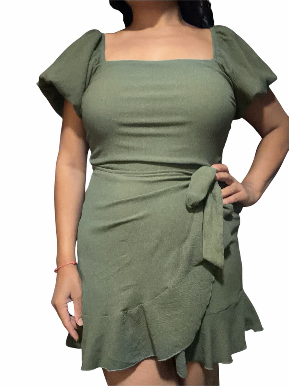 Trixxi Olive Green Square-Neck Puff Sleeve Wrap Mini